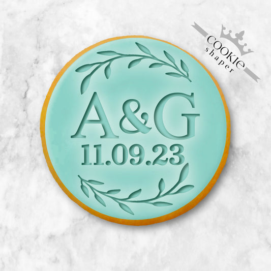 Custom Cookie Stamp Embosser Wedding, Initials Leaves and Personalized Initials and Date