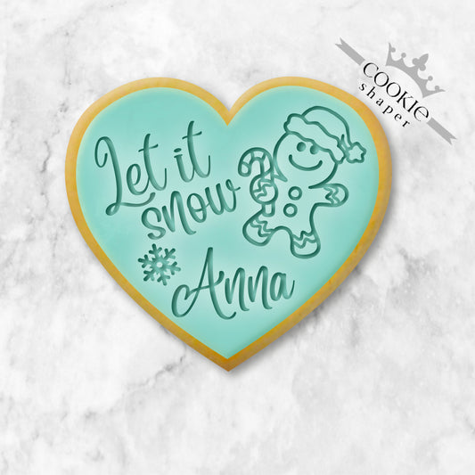 Custom Cookie Stamp and Cookie Cutter Let it Snow Christmas Heart with personalized name. This beautiful Christmas biscuit embosser is designed for creating cookies and biscuits to wish family and friends a Merry Christmas. The perfect Christmas gift.