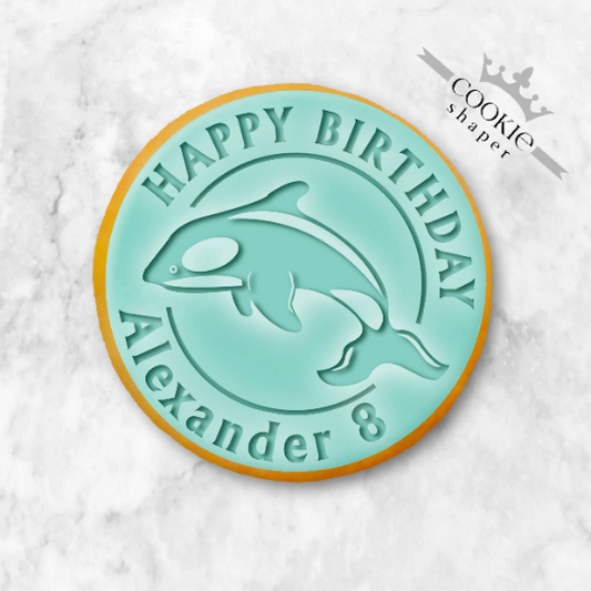 Custom Cookie Stamp Embosser - Birthday Dolphin with Personalised Name and Years by Cookie Shaper