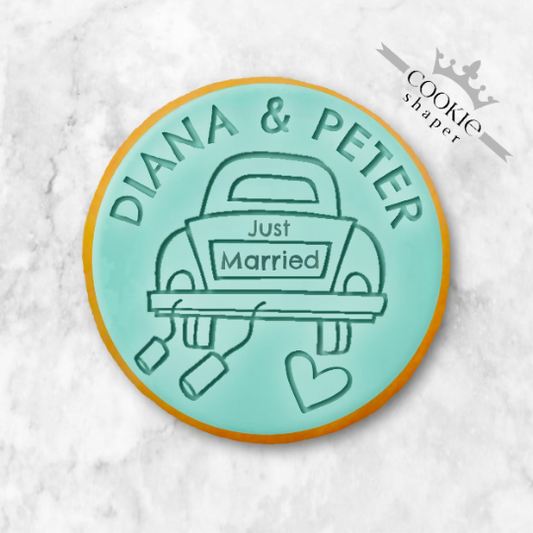 Custom Cookie Stamp and Cookie Cutter - Just Married, With Personalised Name