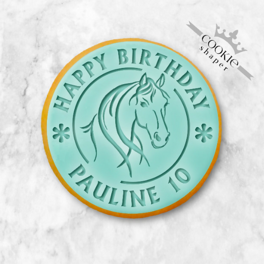 Custom Cookie Stamp and Cookie Cutter - Birthday, Horse with Personalised Name and Years