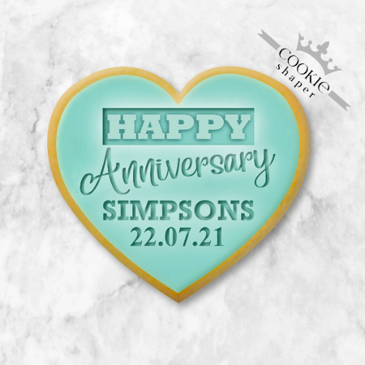 Custom Cookie Stamp and Cookie Cutter, Embosser - Happy Anniversary Heart with Personalized Names and Date