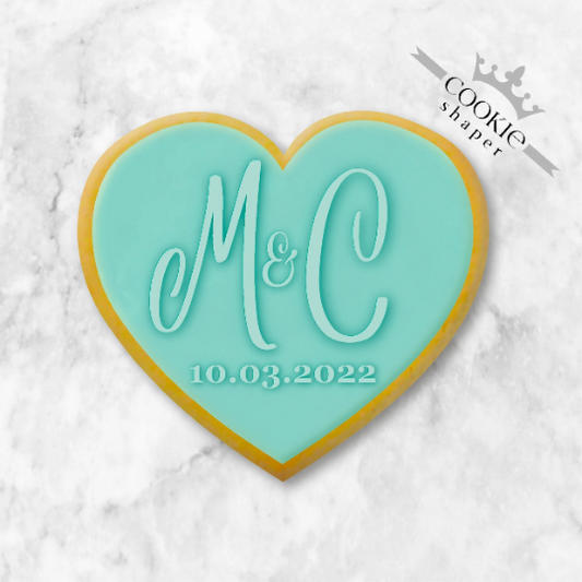 Custom Cookie Stamp and Cookie Cutter - Wedding, Reverse Embosser Heart with Personalized Initials & Date